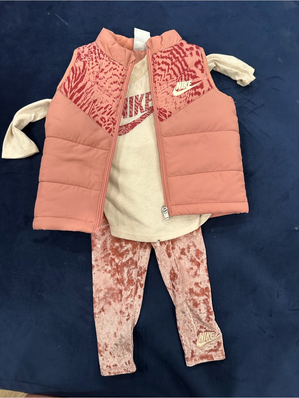 Nike Girls Coral Pink Puffer Vest Set with Cream Tee & Velvet Leggings